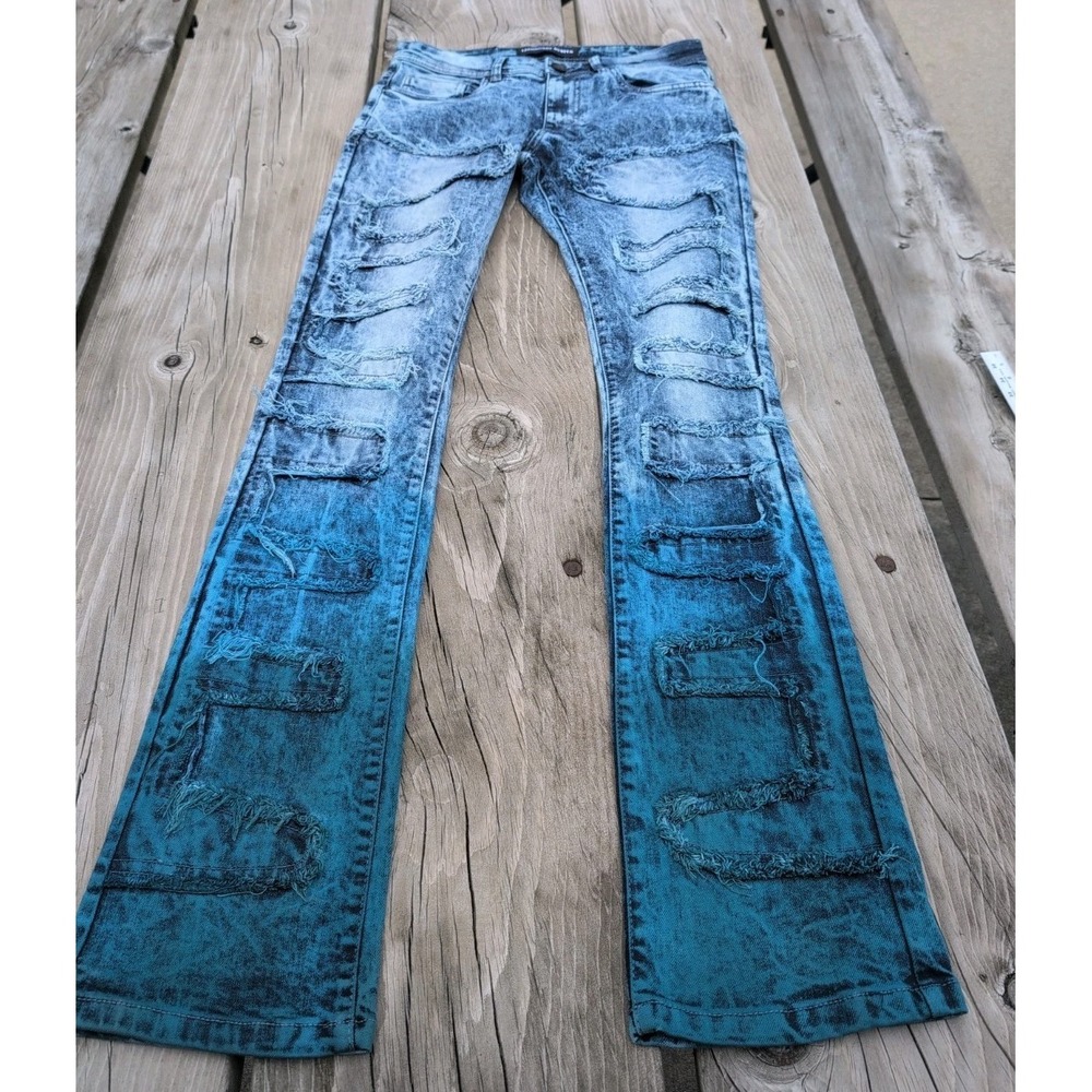 Legendary Status Distressed Blue Ombre Stretch Blue Denim W30 L 36 Stacked Jeans